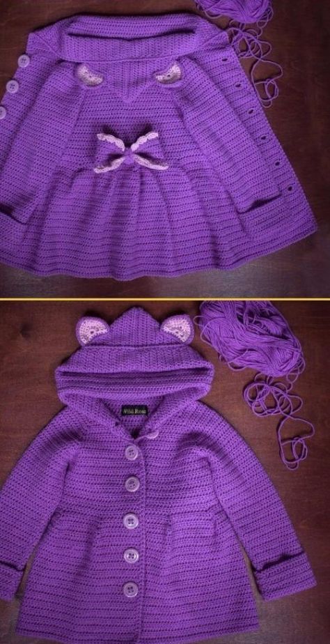 Crochet Baby Ruffled Cardigan Coat - Free Pattern Crochet Baby Cardigan Free Pattern, Jaket Crochet, Crochet Cardigan Free, Crochet Baby Cardigan, Crochet Baby Girl, Haken Baby, Crochet Coat, Crochet Girls