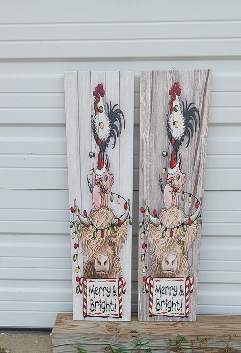 Fence Post Christmas Decor, Christmas Porch Leaners, Leaner Boards, Cow Signs, Barnyard Christmas, Post Christmas Decor, Christmas Porch Signs, Porch Leaner Sign, Cow Pig Chicken