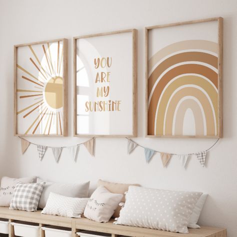 This set of 3 "you are my sunshine" wall art will go perfectly in any child's room or playroom. With earthy terracotta colours to suit gender neutral kids decor. #ad Sunshine Printable, Neutral Nursery Decor, Nursery Art Set, Rainbow Printable, Nursery Decor Neutral, Reducing Waste, Rainbow Nursery, Neutral Nursery, Boho Nursery