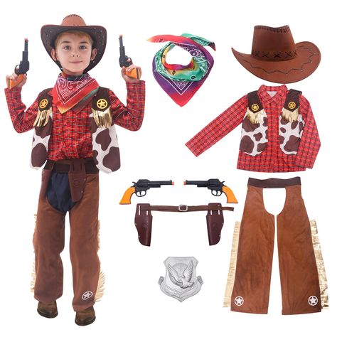 PRICES MAY VARY. Complete Kids Cowboy Costume - Cowboy costume with cow-print brown and gold chaps with side fringe, brown fringed vest, red shirt, tie-dye bandana and brown cowboy hat. High Quality Cowboy Outfit - High-quality polyester that the suit can ensure maximum comfort while ensuring wear resistance and wear resistance,it is softer and more skin-friendly. Each western adjustable drawstring cowboy hats for kids is made of faux suede fabric material.Relatively good quality makes this cowb Cowboy Costume Kids, Cowgirl Costume Kids, Kids Cowboy Hats, Cowboy Dress, Cowboy Crafts, Cowboy Outfit, Brown Cowboy Hat, Halloween Party Dress