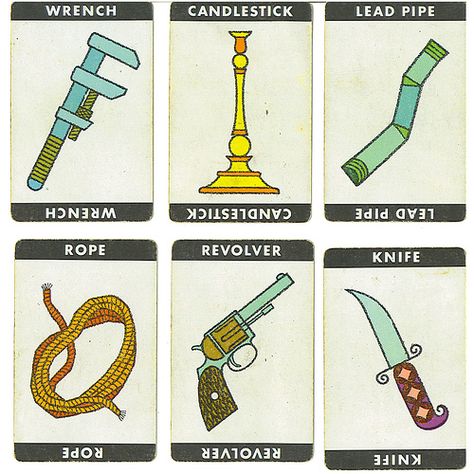 Clue weapon cards by Rosemary Travale, via Flickr Clue Game Characters, Clue Costume, Clue Game, Clue Board, Clue Board Game, Clue Party, Clue Games, Mystery Dinner Party, Board Games Diy