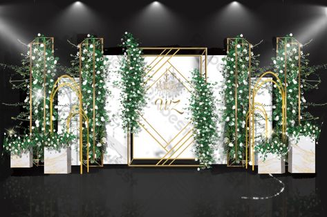 White Green Wedding, Indoor Wedding Decorations, Gold Wedding Reception, Wedding Forest, Metal Wedding Arch, Reception Backdrop, Wedding Background Decoration, Wedding Stage Design, Wedding Backdrop Design