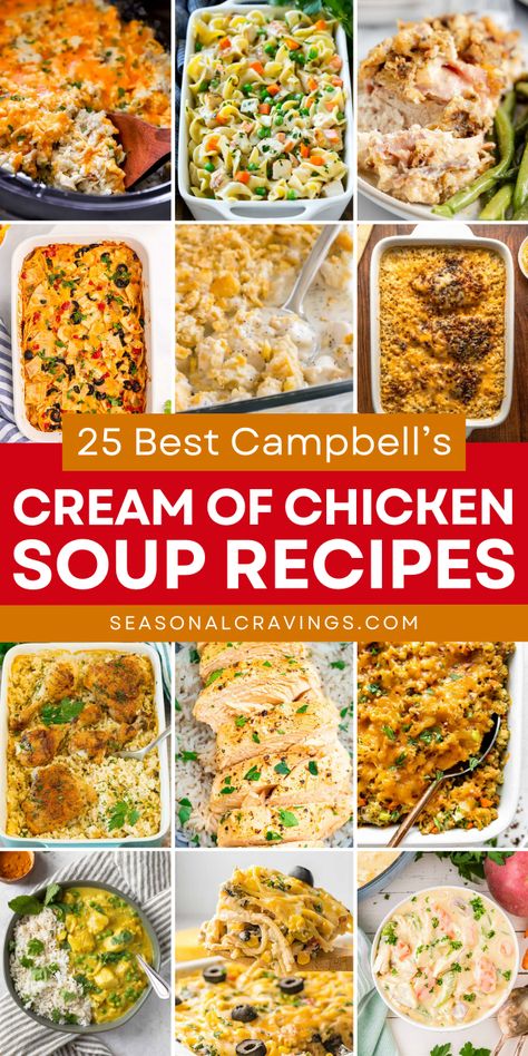 Discover 25 BEST Campbell's Cream of Chicken Soup Recipes for delicious yummy comfort food! These homemade soup dishes include Easy Crockpot Ranch Pork Chops, Crockpot Chicken and Rice, Chicken Noodle Casserole, Creamy Chicken Stew, and more. Try it now and enjoy every bite! Crockpot Recipes With Cream Of Mushroom, Meatballs With Cream Of Chicken Soup, Campbells Crockpot Recipes, Dinners With Cream Of Chicken Soup, Things To Make With Cream Of Chicken, Crockpot Chicken Recipes With Cream Of Chicken Soup, Campbell’s Cream Of Chicken Soup Recipes, Chicken Thigh Recipes With Cream Of Chicken Soup, Cream Of Chicken Soup Casserole Recipes