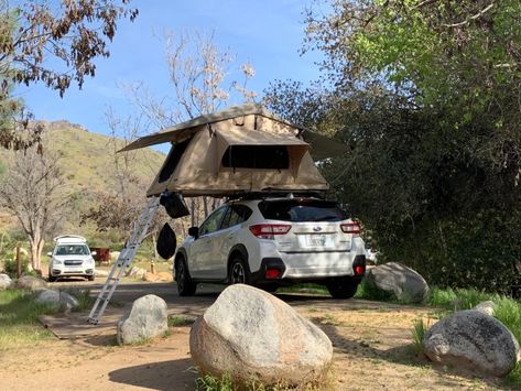 SUV Camping - 2019 Subaru Crosstrek with Smittybilt Overlander roof top tent set up Subaru Tent, Subaru Tent Camping, Crosstrek Camping, Crosstrek Modifications, Subaru Crosstrek Camping, Forrester Subaru Camping, Subaru Crosstrek Roof Tent, 2018 Subaru Crosstrek, Rooftop Tent Camping