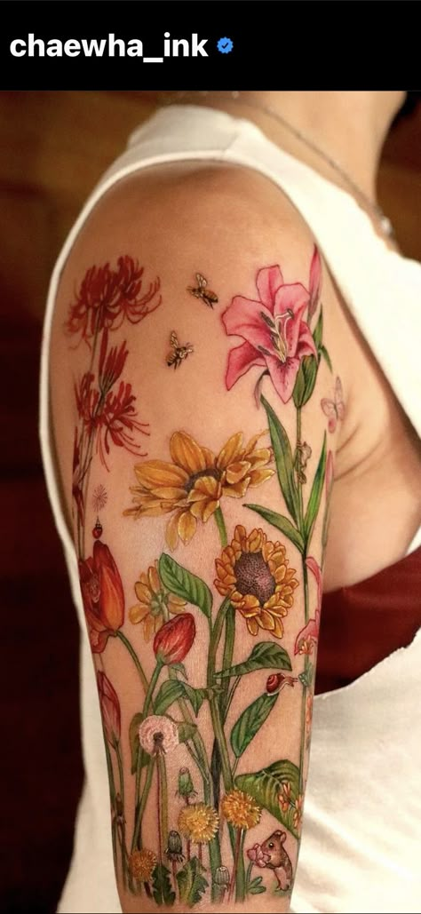 Muted Floral Tattoo, Bug Tattoo Ideas For Women, Sticker Tattoo Sleeve Women, Vintage Floral Tattoos Forearm, Zinnia Tattoo, Vintage Floral Tattoos, Black Line Tattoo, Garden Tattoos, Feminine Tattoo Sleeves