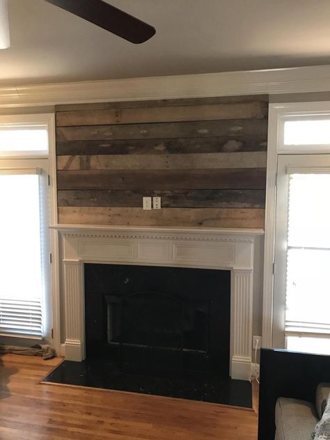 Barnwood over TV Fireplace Wall Tv Fireplace Wall, Auburn Ideas, Farmhouse Fireplace Mantels, Corner Fireplaces, Master Remodel, Tv Fireplace, Craftsman Fireplace, Above Fireplace, Cast Stone Fireplace