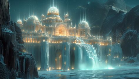 The ice palace was a marvel to behold, standing tall and glistening in the winter sun. Its crystalline walls sparkled like diamonds, casting rainbows ... -  #ai #Art #Digital #Fantasy #ice Palace Concept Art, Frozen Palace, Ice Palace, Winter Palace, The Enchantments, Falling From The Sky, Hollywood Icons, Winter Sun, Hyperrealism