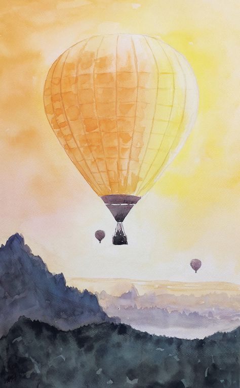 Hot Air Balloon Painting Acrylic Easy, Hot Balloon Drawing, Painting Hot Air Balloon, Ballon Painting, Hot Air Balloon Painting, Hot Air Balloon Watercolor, Paint Journal, Watercolor Hot Air Balloon, Hot Air Balloon Drawing