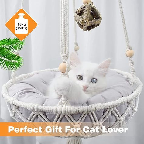 Our boho-styled hand-woven cat hammock is perfect for a window, cozy corner, porch, or even a garden tree. It offers a comfortable spot for your cat to play, climb, or sleep and doubles as an elegant bohemian decoration.
Our unique bohemian-style cat swing bed is handmade from 100% natural, high-quality cotton rope. The soft and durable hammock includes a comfortable cushion, and a sturdy stainless-steel hook ensuring a safe and playful environment for your kitten. Hanging Cat Bed, Cat Room Ideas, Macrame Cat Hammock, Basket Dog Bed, Cat Window Perch, Hammock Bed, Cat Cages, Cat Window, Cat Bed Furniture