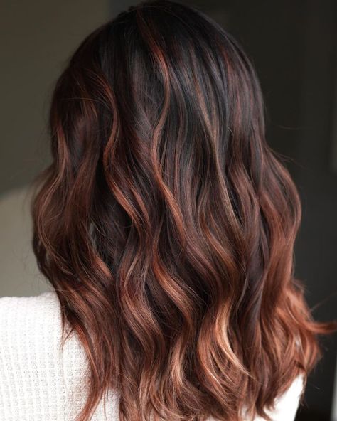 Dark Hair With Cowboy Copper Highlights, Black To Auburn Balayage, Brunette Hair With Auburn Balayage, Short Hair Balayage Red Copper, Copper Highlights In Black Hair, Black Copper Balayage, Auburn Balayage On Dark Hair, Bayalage Brunette Red Balayage, Copper On Black Hair