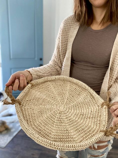 Crochet Jute Cord Tray - Evelyn And Peter Crochet Crochet Centerpiece, Pullover Sweaters Pattern, Centerpiece Tray, Crochet Jute, Fabric Stiffener, Crochet Hoodie, Jute Basket, Crochet Rope, Sweater Crochet Pattern