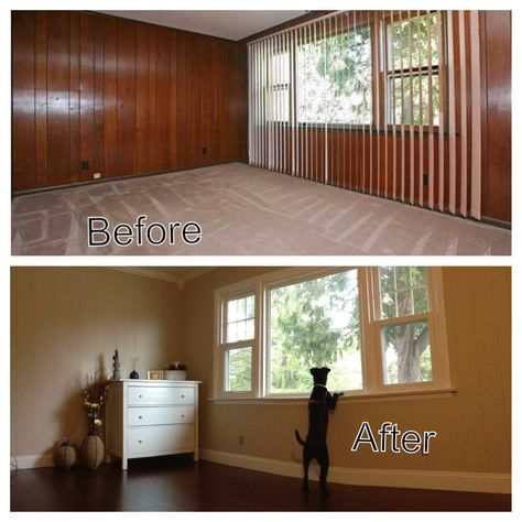 Before & After, DIY, home renovation Paint Over Wood Paneling, Wood Paneling Makeover, Paneling Makeover, Painted Brick Fireplaces, Painting Wood Paneling, Painted Paneling Walls, Diy House Renovations, Remodeling Mobile Homes, Painted Paneling