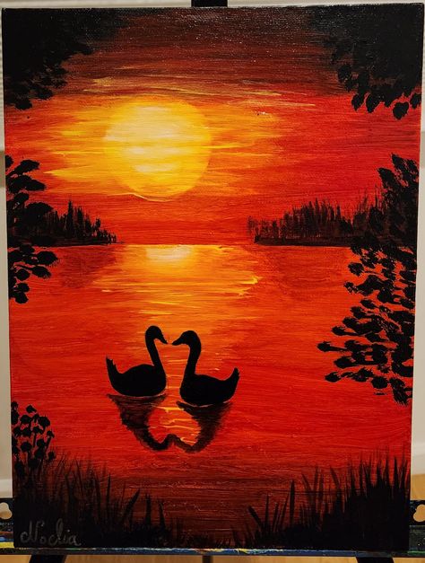 A beautiful painting of pure love. Swans represent love and devotion. Which you can see by this swan couple forming a heart with their shadows ♥️ it's a great small piece that would go perfect in any room. It's a 9x12 canvas board, which can easily be framed. To match any style. It has a gorgeous red, black and yellow color. You can interpret this piece as a sunset, twilight or moonlight scenery. This painting can be made to order, in any shape or size you need. Also in stretched canvas. Sunset Ombre Painting, 3 Color Canvas Painting, Paintings Representing Love, Couple Shadow Painting, Easy Romantic Paintings, Friendship Day Painting, Paintings That Represent Love, Acrylic Love Painting, Love Painting Romantic Easy