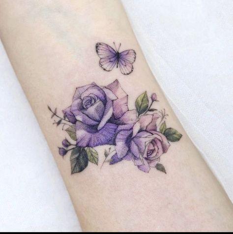 Purple Rose Tattoos For Women, Purple Rose Tattoo, Purple Flower Tattoos, Roses Tattoos, Purple Butterfly Tattoo, Colorful Flower Tattoo, Purple Rose Tattoos, Rose And Butterfly Tattoo, Violet Tattoo