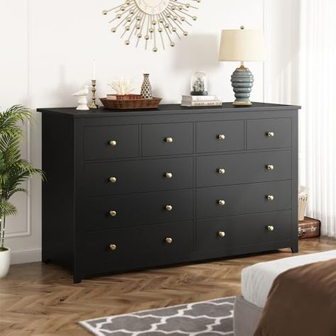 EnHomee10 Drawer Dresser for Bedroom with Deep Drawers Wood Dresser & Chests for Bedroom with Smooth Metal Rail Modern Black Dresser for Bedroom,Entryway Bedroom Black Dresser, Modern Black Dresser, Dresser Dresser, Dressers For Bedroom, Wood Dressers, Dresser Shelves, Wooden Closet, Black Dresser, Large Dresser