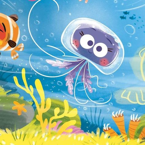 Jellyfish Illustration Cute, Cute Octopus Illustration, Undersea Illustration, Jellyfish Illustration, Octopus Illustration, Bawah Air, Illustration Art Kids, Kindergarten Design, Jellyfish Art