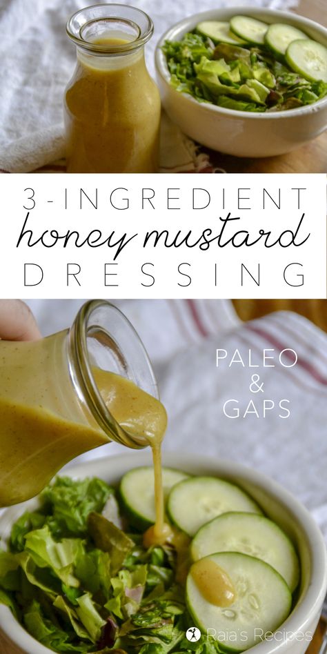 3-Ingredient Honey Mustard Dressing #paleo #realfood #GAPSdiet #salad Honey Mustard Salad Dressing, Mustard Salad Dressing, Gluten Free Sauces, Nut Free Recipes, Honey Mustard Dressing, Soy Recipes, Fun Salads, Homemade Salads, Mustard Dressing