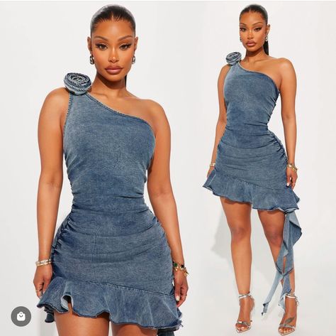 Denim Gown Jean Dresses, Demin On Denim Outfit, Denim Gown, Dope Fashion Outfits, Casual Denim Outfits, Curvy Casual Outfits, Modest Dresses Fashion, Chic Dress Classy, Fasion Outfits