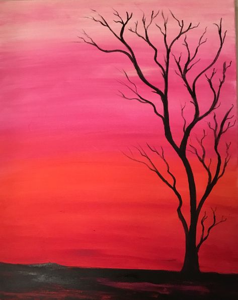 Ombré Painting, Easy Ombre Painting Ideas, Gradient Painting, Sunset Acrilic Paintings Easy, Easy Pink Sunset Painting, Pink Sunset Painting, Sunset Silhouette Painting Easy, Pink Sunset Painting Acrylic, Pink And Orange Sunset Painting