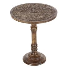 Brown Mango Wood Traditional Accent Table Carved Table, Pedestal Side Table, Round Accent Table, Wood Accent Table, Wood Pedestal, Wood Accent, Exposed Wood, Pedestal Table, Solid Mango Wood