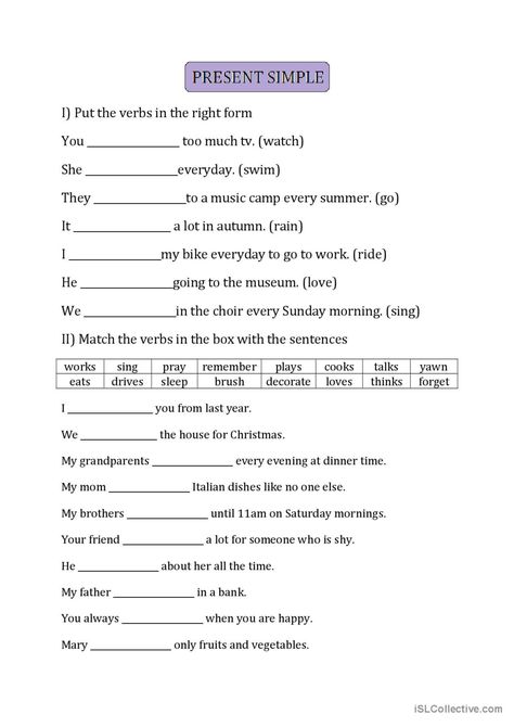 present simple exercise: English ESL worksheets pdf & doc Present Simple Form, Present Simple Exercises, Present Simple Worksheet, Grammar Notes, English Grammar Notes, Music Camp, Simple Present, Simple Exercise, Verb Worksheets