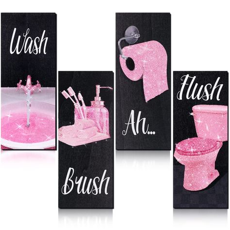 PRICES MAY VARY. Pink Bathroom Decoration: the package content contains 4 pieces of stylish wall art bathroom decors in different styles, beautiful and elegant, sufficient quantity and various patterns can support your daily use and replacement needs, helping you enjoy leisure shower time or bath time Pink Glitter Bathroom Decor: these modern women funny bathroom decors are decorated with pink glitter decor, and printed with letters of [Flush], [Ah], [Brush], [Wash], funny and noticeable; These Bathroom Decor Glam, Pink Apartment Decor, Glam Bathroom Decor, Pink And Black Bathroom, Glam Bathroom, Bathroom Wood, Pink Bathroom Decor, Girly Apartment Decor, Wall Art Bathroom