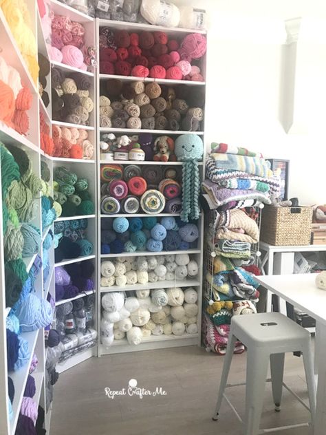 My New Yarn Studio! - Repeat Crafter Me Ikea Crochet Storage, Yarn Storage Ikea Hack, Small Yarn Shelf, How To Store Yarn How To Organize, Pretty Yarn Storage, Yarn Studio, Ikea Must Haves, Yarn Organization, Repeat Crafter Me