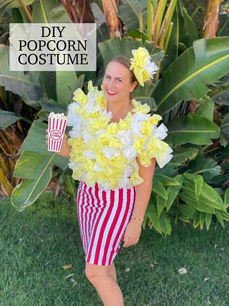 Diy Popcorn Costume, Popcorn Costume Diy, Popcorn Halloween Costume, Quick Halloween Costumes For Women, Quick Halloween Costumes Last Minute Men, Quick Halloween Costumes Last Minute, Halloween Costumes Last Minute, Costumes Last Minute, Corn Costume