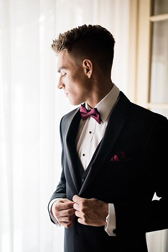 Burgundy Bow Tie Wedding, Black Suit With Bow Tie Wedding, Black Suit And Burgundy Tie, All Black Suit With Burgundy Tie, Black Tux Burgundy Tie, Black Tux With Burgundy Tie, Black Suit Burgundy Bow Tie, Black And Burgundy Groomsmen, Black Bow Tie Outfit Men