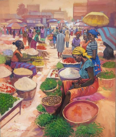 Market Square Jamaica Painting, African Scenery, Place Reference, Nigerian Art, Market Painting, Kenyan Artists, Africa Art Design, African Life, Tropical Art Print