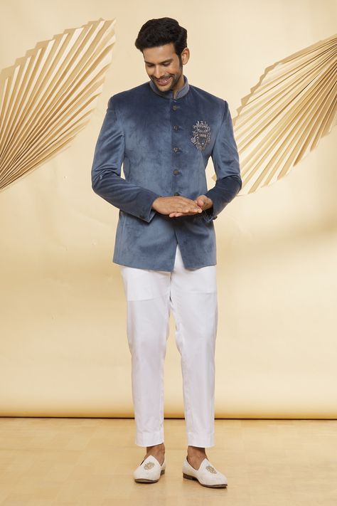 Shop for these amazing collections of Grey Jodhpuri: Suede Handwork And Pant Set For Men by Nero by Shaifali and Satya online at Aza Fashions. Reception Outfit For Men, Blazer For Men Wedding Reception, Jodhpuri Suits For Men Latest, Jodhpuri Suits For Men Wedding, Blazer For Men Wedding, Mens Dresses, Suit For Men Wedding, Jodhpuri Suits For Men, Indian Wedding Clothes For Men