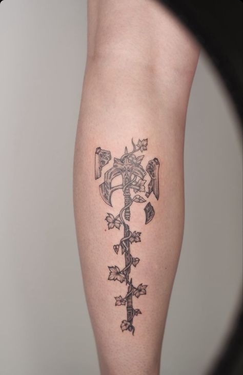 Video game tattoo, skyrim tattoo, wuuthrad battle axe, calf tattoo, leg tattoo, womens tattoo Elder Scrolls Tattoo Ideas, Paarthurnax Skyrim Tattoo, Calf Leg Tattoo, Skyrim Dragon Tattoo, Skyrim Tattoo Ideas, Medieval Tattoos, Elder Scrolls Tattoo, Thigh Tattoo Simple, Skyrim Tattoo