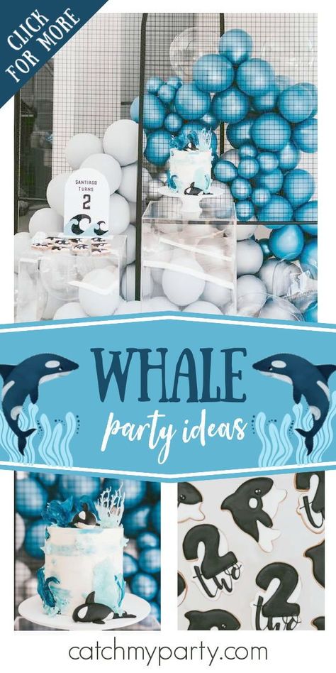 Blue Whale Birthday Theme, Whales Birthday Party, Whale Party Food, Orca Whale Party Decorations, Whale Decorations Party, Whale Party Theme, Whale Shark Birthday Party, Seaworld Birthday Party, Whale First Birthday