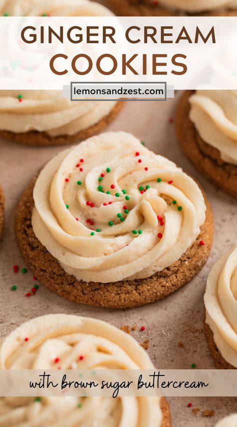 These irresistibly soft and chewy Ginger Cream Cookies are a perfect cookie for the holiday season and beyond. No electric mixer necessary so the cookie dough whips up in just minutes. A brown sugar buttercream pairs with the ginger and spices of the cookies so perfectly! Cookies With Brown Sugar, Brown Sugar Buttercream, Brown Sugar Cookies, Cream Cookies, Ginger Cookies, Cookie Frosting, Perfect Cookie, Easy Treats, Electric Mixer