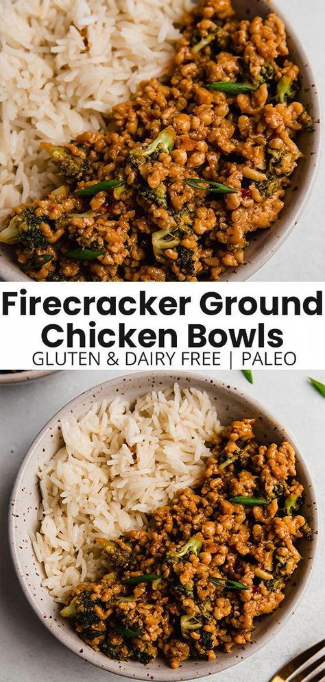 #Gluten-FreeGourmet Firecracker Ground Chicken, Ground Chicken Bowls, Ground Chicken Broccoli, Firecracker Sauce, Broccoli And Rice, Chicken Bowls, Ground Chicken Recipes, Healthy Bowls, Macro Meals