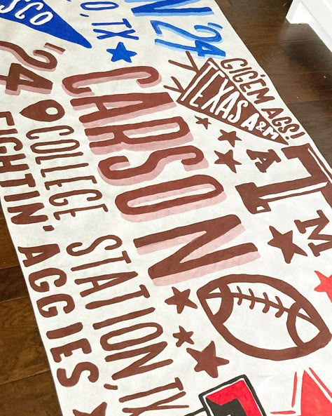 Combined grad party!! 🤍 Aggie Ring Dunk, College Gameday Signs, Ring Dunk, Painted Banners, Poster Brown, Aggie Ring, Diy Poster, Cheer Signs, Grad Banner