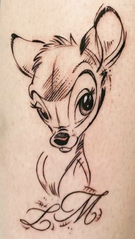 Bambi Tattoo Design, Bambi Sketch, Character Tattoo Ideas, Aristocats Tattoo, Disney Characters Tattoos, Bambi Tattoo, Deer Tattoo Designs, Disney Sleeve Tattoos, Disney Sleeve