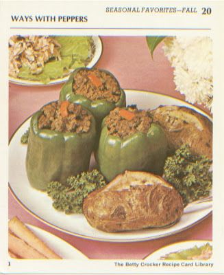 Stuffed Peppers by Betty Crocker 1971 Betty Crocker Stuffing Recipe, Betty Crocker Stuffed Peppers, Recipes Stuffed Peppers, Recipe For Stuffed Peppers, New England Boiled Dinner, Betty Crocker Recipe Card Library, Green Pepper Recipes, Betty Crocker Recipe Cards, Boiled Dinner