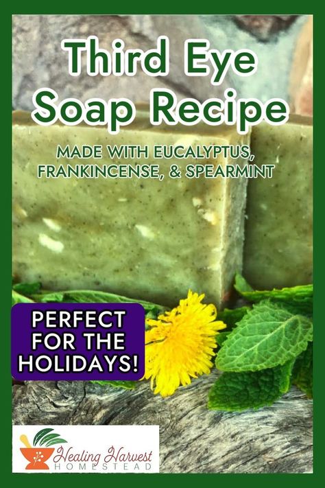 Do you have all your gifts for family and loved ones ready to go? What about trying this hot process soap recipe? Made with Frankincense, Spearmint and Eucalyptus Essential Oils, it helps promote mental clairty and is great for your skin! Men and women are sure to love it. You can even add some herbs to give it a beautiful green color. #hotprocesssoap #homemadesoap #soaprecipe #thirdeye #homemadegifts Hot Process Soap, Natural Soaps Recipes, Handmade Natural Soaps, Green Soap, Diy Essentials, Essential Oil Blends Recipes, Soap Recipe, Soap Shop, Eucalyptus Essential Oil