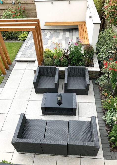 New Build Garden Design Uk, Small L Shape Garden Ideas, Small Rectangular Garden Design, Rectangle Back Garden Ideas, L Shape Garden Design, Small New Build Garden Ideas, Small Slabbed Garden Ideas, Patio Garden Ideas Uk, New Build Garden Ideas Uk