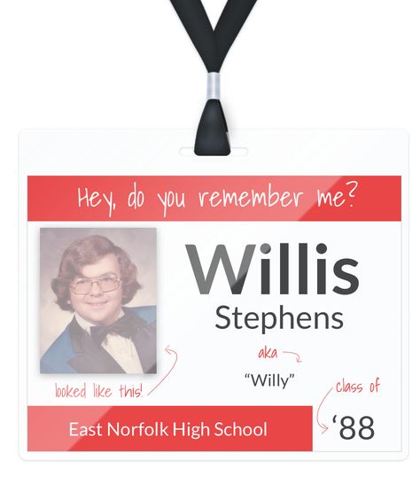 Class Reunion Name Tags, Name Tags Ideas, Reunion Name Tags, Highschool Reunion, Name Badge Template, School Reunion Decorations, Class Reunion Planning, 50th Class Reunion Ideas, Conference Badges