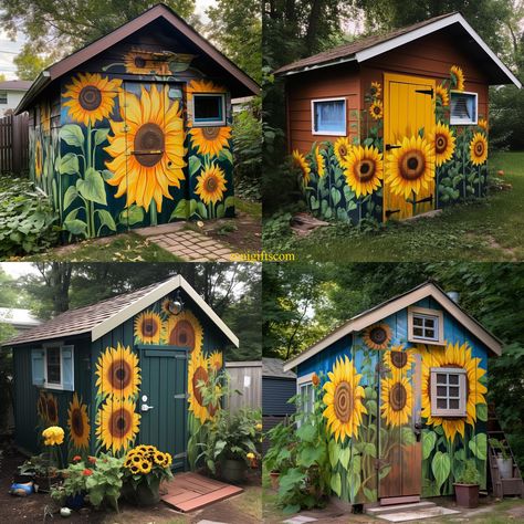 Beautiful Sunflower she shed - I Love Sunflowers Shed Mural, Painted Garden Sheds, Painted Shed, Garden Mural, Fence Art, Fence Paint, School Garden, Wall Garden, Garden Yard Ideas