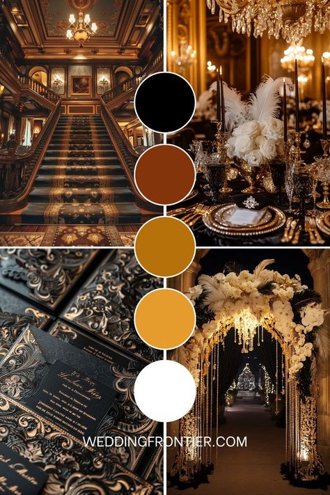 Great Gatsby wedding theme ideas for a glamorous, 1920s-inspired event. Great Gatsby Wedding Theme, Elegant Wedding Colors, Flapper Fashion, Great Gatsby Themed Wedding, Wedding Theme Color Schemes, Art Deco Invitations, Gatsby Wedding Theme, Roaring 1920s, Wedding Theme Ideas