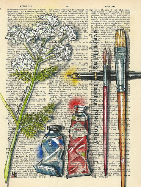 Rhian Wyn Harrison Tool Illustration, Artist Tools, Kunstjournal Inspiration, Newspaper Art, Book Page Art, Dictionary Art, 수채화 그림, Vintage Poster Art, Agatha Christie