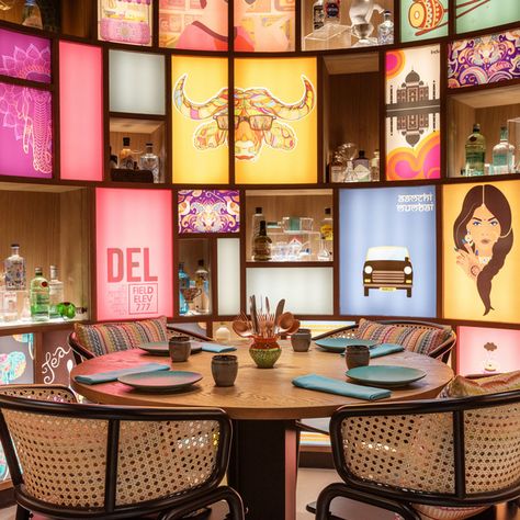 Resturant Interior, Street Food Restaurant, Indian Cafe, Restaurant In Dubai, Street Food Design, Eclectic Restaurant, Bar Design Awards, Indian Interiors, Booth Seating