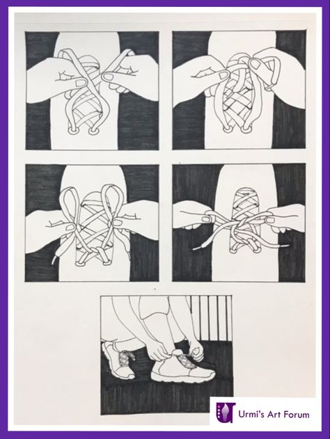 Tying Shoe Laces Drawing Reference, Sequential Drawing Nift, Nid Questions Drawing, Nid Sketches, Sequential Drawing, Sequence Drawing, Cat Elements, Exam Drawing, Process Drawing