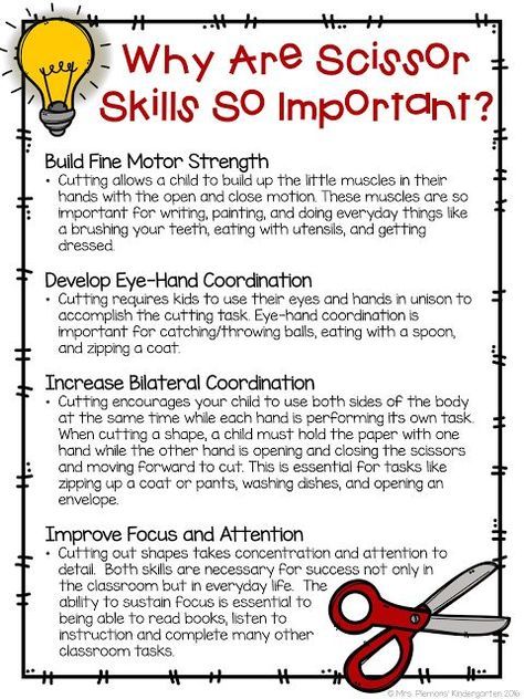 Why are Scissor Skills So Important?!?! FREE printable for parents, teachers and administrators Learning Stories, Kindergarten Readiness, Preschool Fine Motor, Teacher Conferences, Scissor Skills, Motor Skills Activities, Skills Activities, Beginning Of School, School Readiness