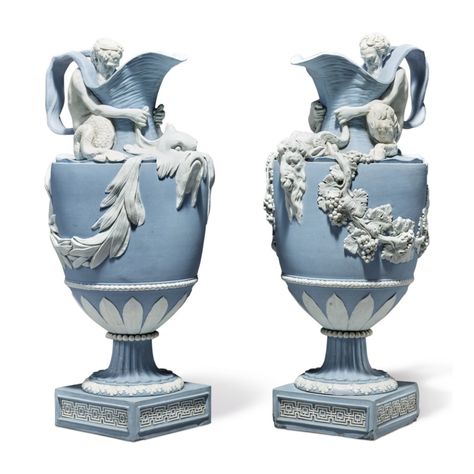 A PAIR OF WEDGWOOD BLUE AND WHITE JASPERWARE 'WATER' AND 'WINE' EWERS CIRCA 1785-90 | Wedgwood and Beyond: English Ceramics from the Starr Collection | Ceramics & Glass | Sotheby's Wedgewood China, Wedgewood Jasperware, Wedgwood Pottery, Wedgwood China, Black Basalt, Wedgwood Jasperware, Wedgwood Blue, Ceramic Artwork, Water Into Wine