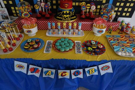 Jacob's superhero birthday  | CatchMyParty.com Heroes Birthday Party, Superhero Birthday Party Decorations, Superhero Birthday Party Ideas, Lollipop Cake, Superhero Birthday Cake, Avenger Birthday Party, Party Dessert Table, Avengers Birthday, Superhero Birthday Party