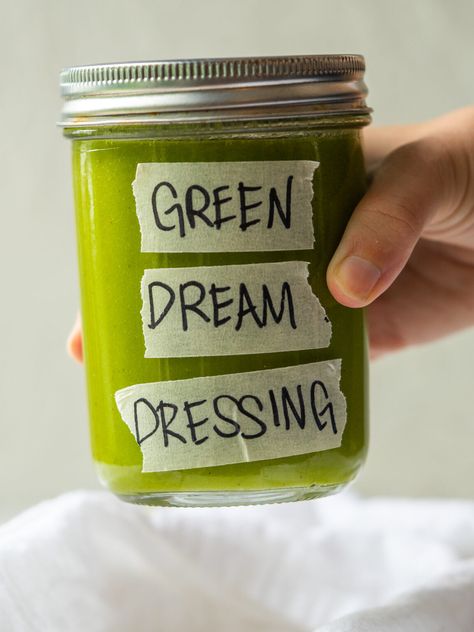 This Green Dream Dressing is a lemon herb vinaigrette. It is easy to make, loaded with flavor, and is the perfect dressing for any salad. Herb Salad Dressing, Fresh Herb Salad Dressing, Herb Vinaigrette Dressing, Herb Vinegarette Dressing, Green Godess Dressing, Chicken Fritters Recipe, Olive Oil Store, Vitamix Blender, Types Of Salad